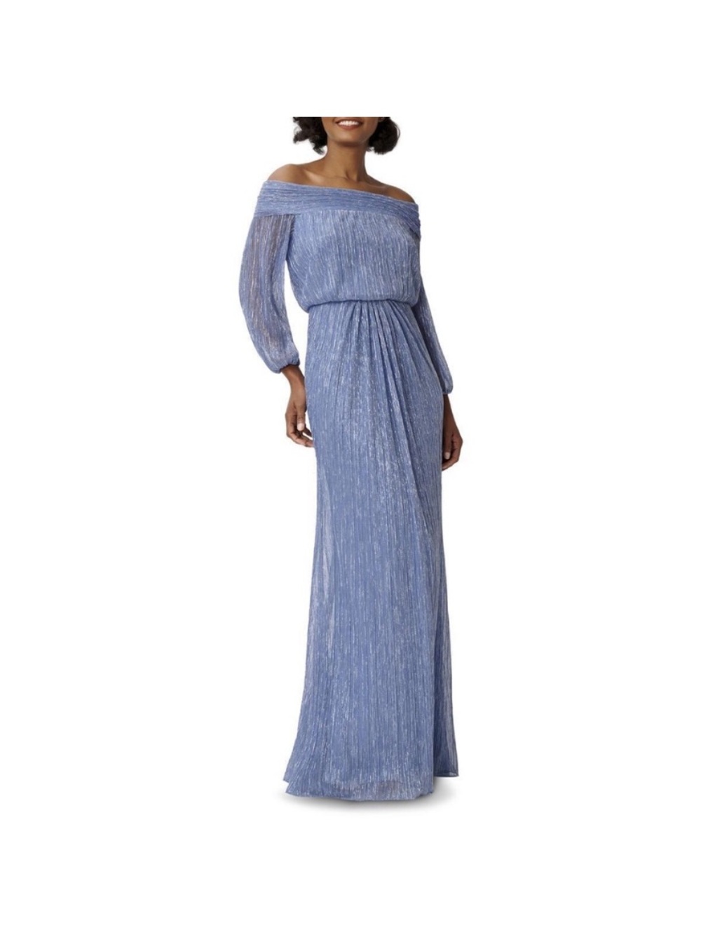 Adrianna Papell Metallic Blue/Silver Off-Shoulder Evening Gown